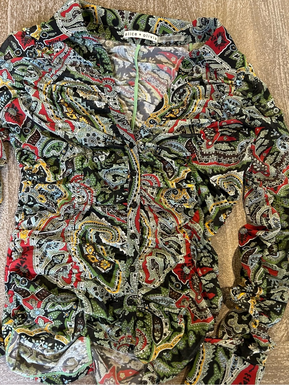 Alice + Olivia Multicolor Stretch Mesh Paisley Ruched Button-Front Top